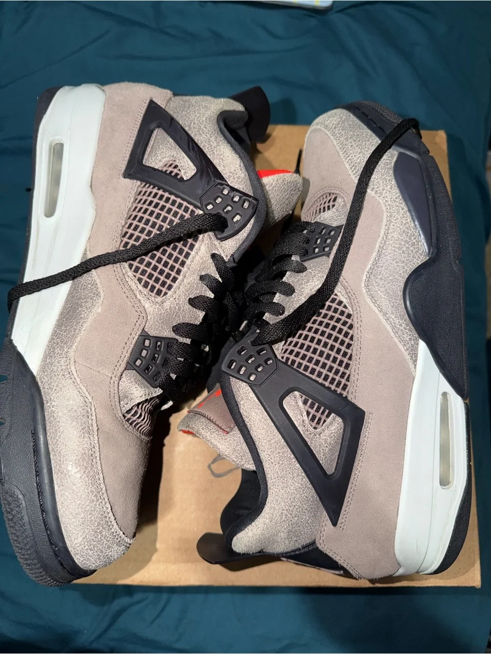 Jordan Retro 4 Suede Taupe and Black Sneakers with Red Jumpman Size 12